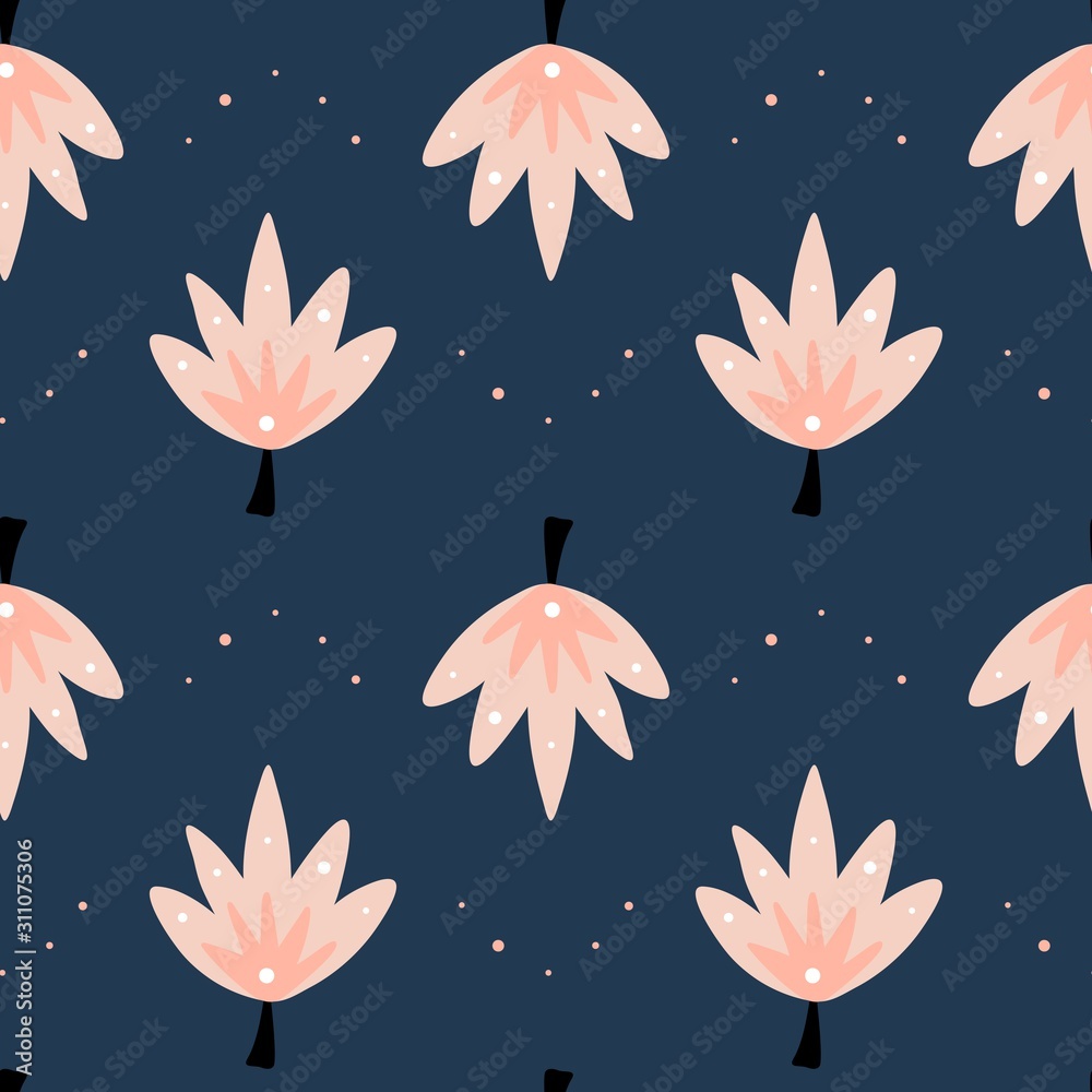 Botanical seamless pattern. Hand drawn doodle vector illustration. Pink leaves on a blue background. Vector for design textile and paper.