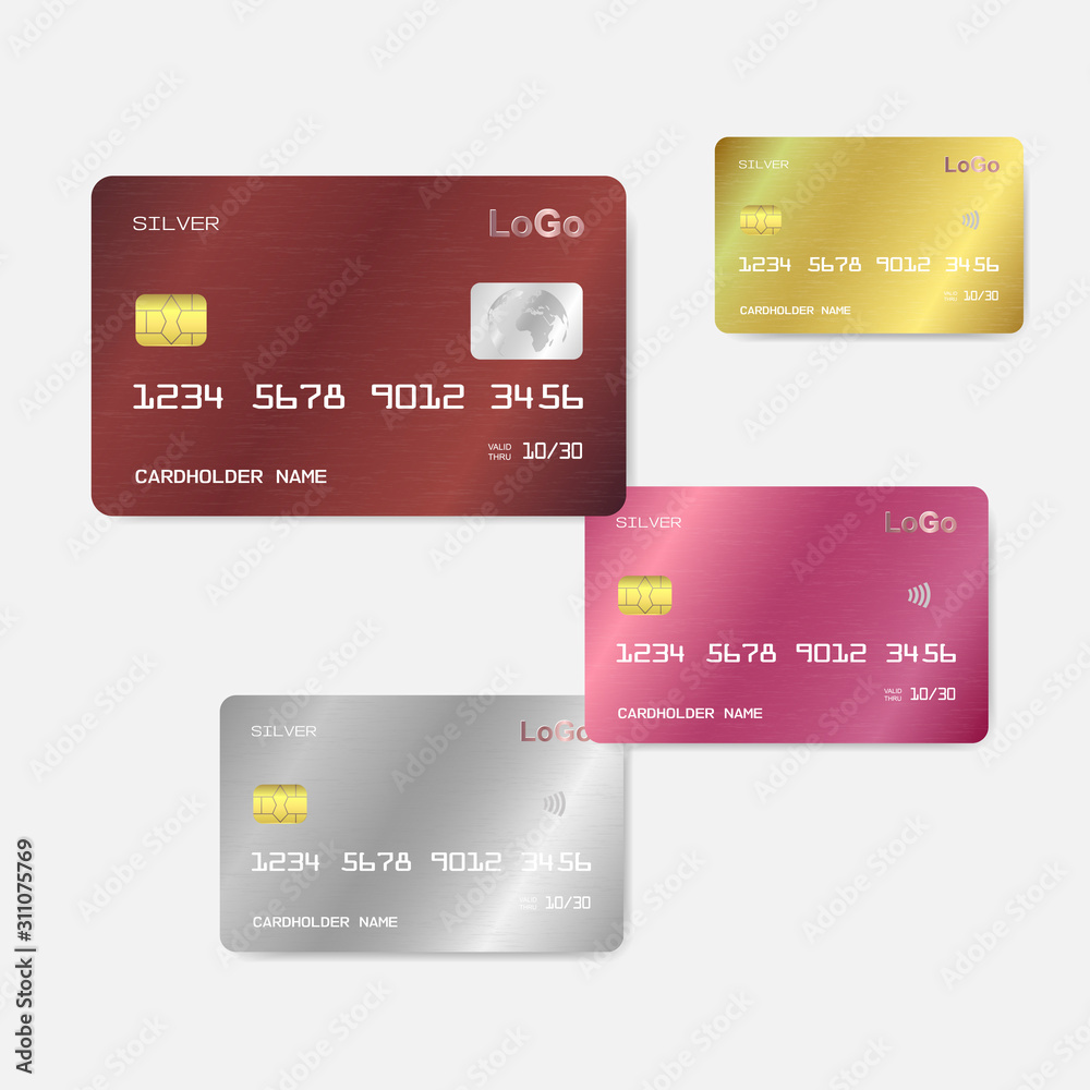 Set of Realistic detailed templates design for Debit card, Credit card. ATM card mockup with gold metal gradient chip. Set of Realistic detailed templates design for Debit card, Credit card. ATM card mockup with gold metal gradient chip.