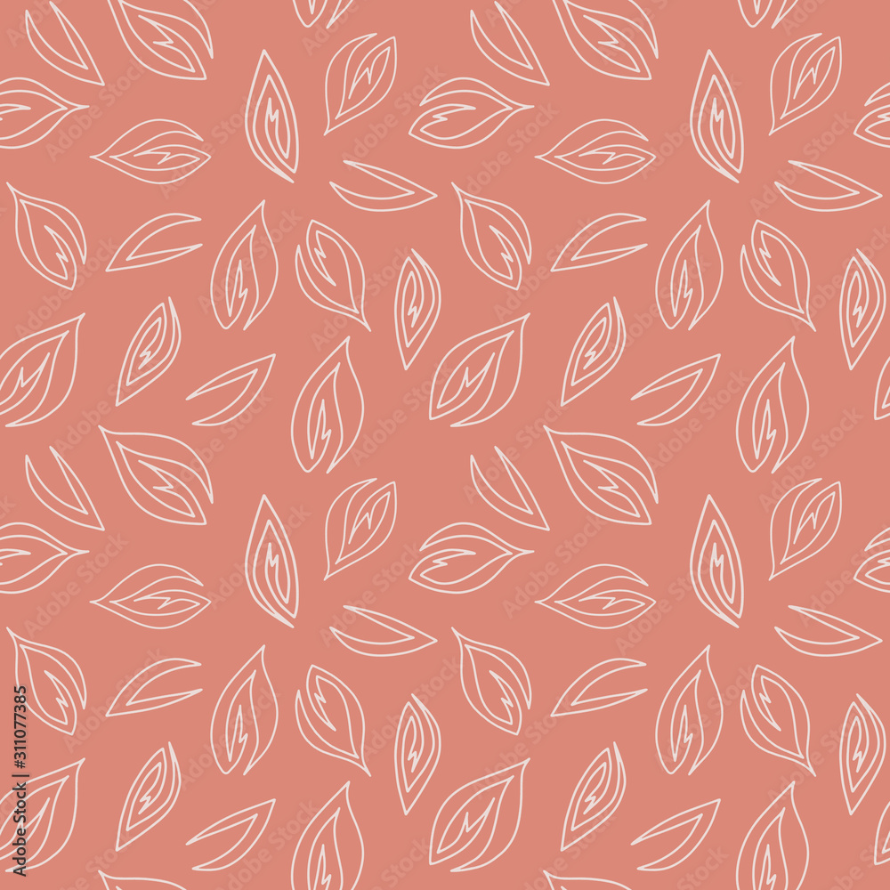 Fantasy floral hand drawn seamless pattern. Line leaves on warm pink background. Good for fabric, textile, wrapping paper, wallpaper, kitchen design, packaging, paper, print, etc.