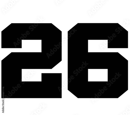 ,26Classic Vintage Sport Jersey Number, Uniform numbers in black as fat fonts, number. For American football, baseball or basketball and ice Hockey.