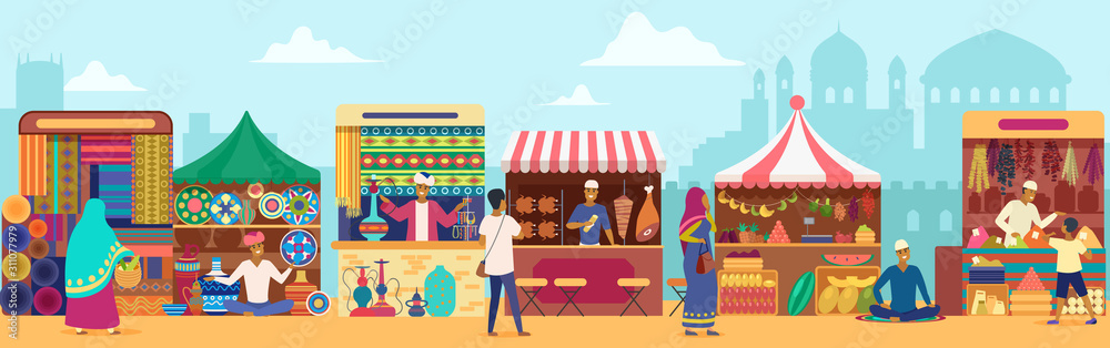 Asian street market flat vector illustration. People shopping at local marketplace. Cartoon vendors selling fresh food and home interior items. Sellers at counters. Indian city temples background Stock Vector | Adobe Stock Asian street market flat vector illustration. People shopping at local marketplace. Cartoon vendors selling fresh food and home interior items. Sellers at counters. Indian city temples background Stock Vector | Adobe Stock