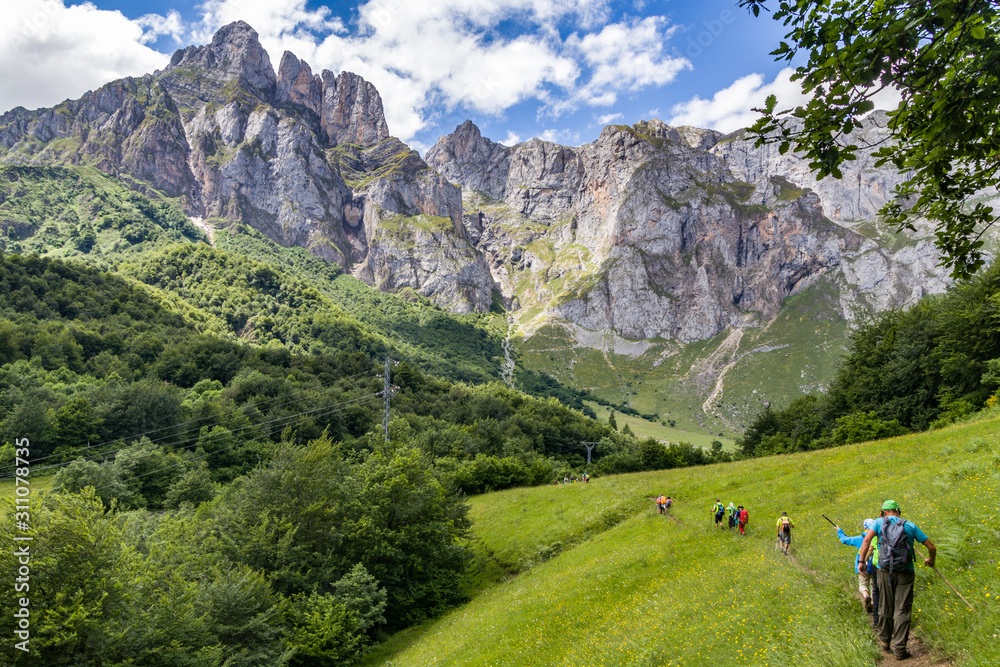 Mountain hikers in spring