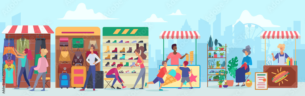 Street clothing and food market flat vector illustration. Cartoon  characters buying apparel and accessories at sidewalk marketplace in  megapolis. Cheerful vendors at stands. Cityscape background Stock Vector |  Adobe Stock