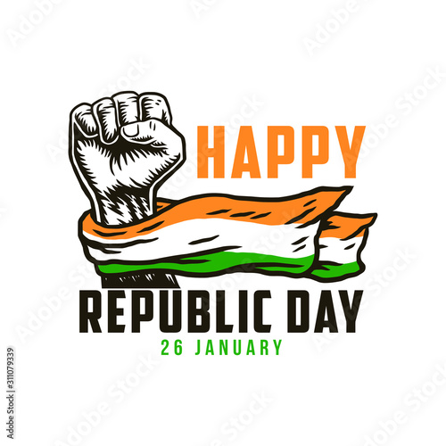 Happy republic day 26 January with India national flag on fist