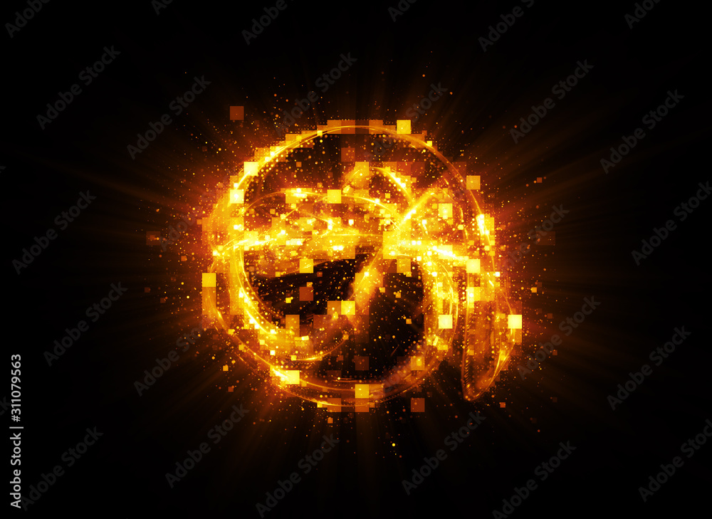 Fototapeta premium 3D Atom icon. Luminous nuclear model on dark background. Glowing energy balls. Molecule structure. Trace atoms and electrons..Physics concept. Microscopic forms. Nuclear reaction element. Neutron.