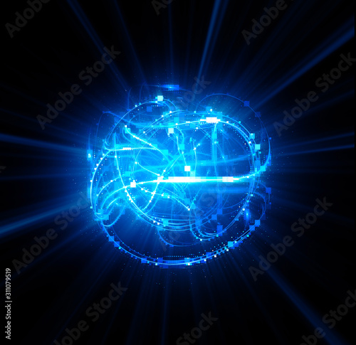 3D Atom icon. Luminous nuclear model on dark background. Glowing energy balls. Molecule structure. Trace atoms and electrons..Physics concept. Microscopic forms. Nuclear reaction element. Neutron.