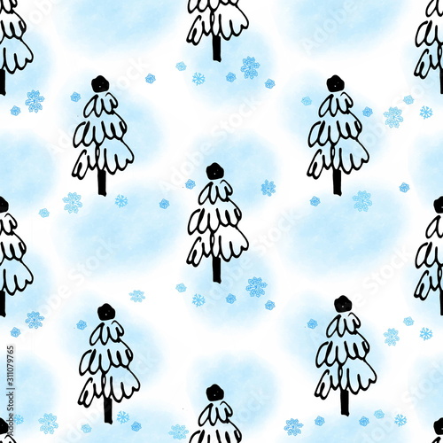 Christmas ink and watercolor hand drawn seamless pattern with x mas trees 