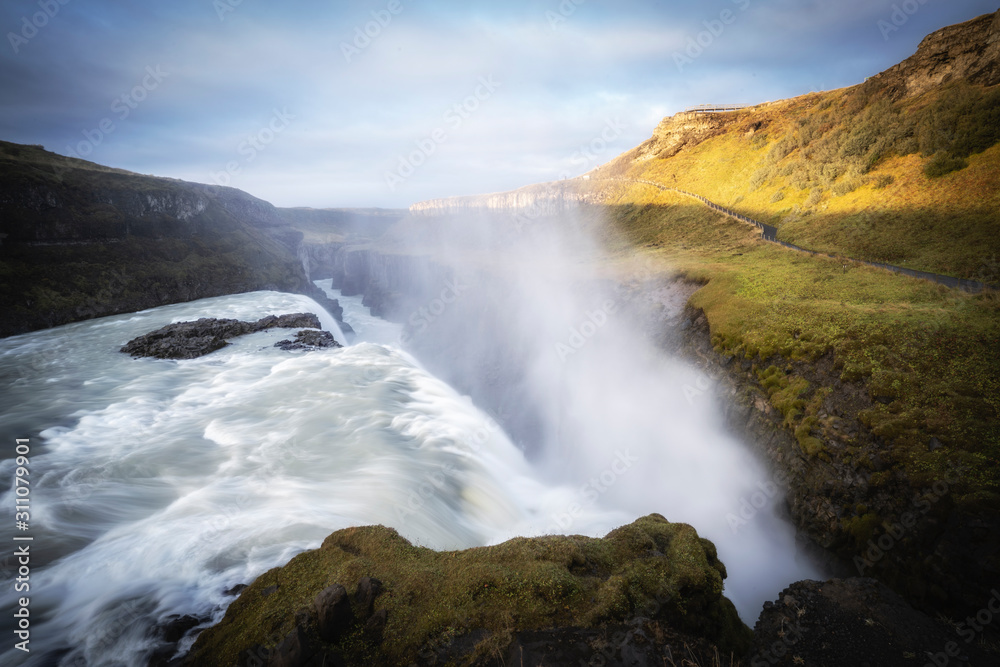 Gullfoss waterfall at sunrise is the biggest waterfall in Iceland