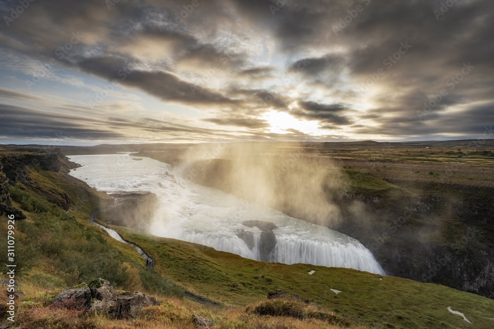 Gullfoss waterfall at sunrise is the biggest waterfall in Iceland