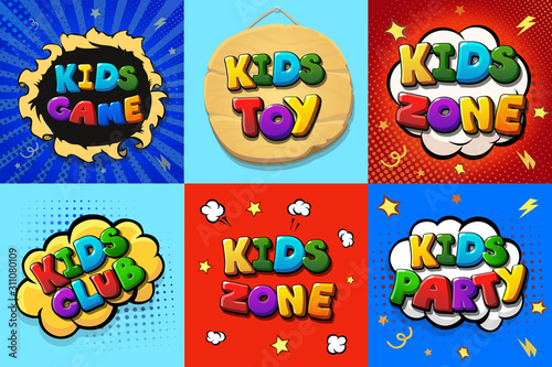 Kids zone logo set.. Kids club catoon posters. Toys fun playing zone, children games party Vector illustration.