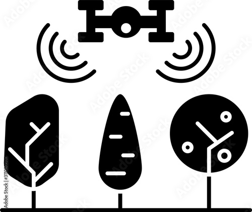 Black Smart farm with drone control and tree icon isolated on white background. Innovation technology for agricultural company.  Vector Illustration