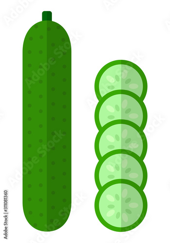 Whole cucumber with round slices vector icon flat isolated