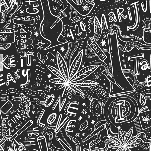 Hand drawn doodle seamless pattern with cannabis equipment and weed quotes on Chalkboard. 
