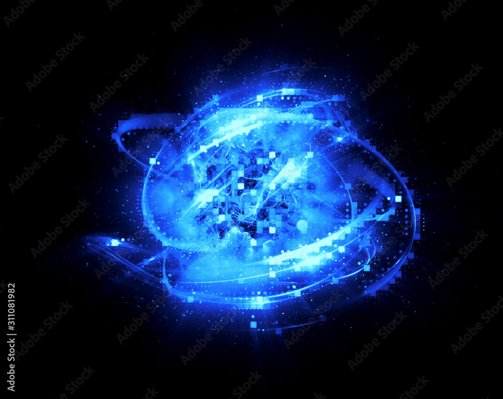 Obraz premium 3D Atom icon. Luminous nuclear model on dark background. .Glowing energy balls. Molecule structure. Trace atoms and electrons..Physics concept. Microscopic forms. Nuclear reaction element. Neutron.