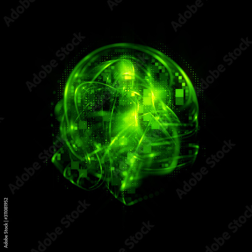 3D Atom icon. Luminous nuclear model on dark background. .Glowing energy balls. Molecule structure. Trace atoms and electrons..Physics concept. Microscopic forms. Nuclear reaction element. Neutron.