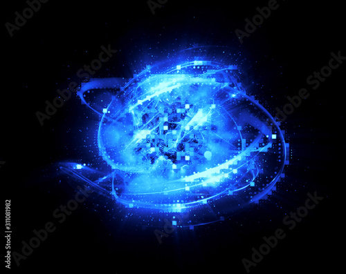 3D Atom icon. Luminous nuclear model on dark background. .Glowing energy balls. Molecule structure. Trace atoms and electrons..Physics concept. Microscopic forms. Nuclear reaction element. Neutron.