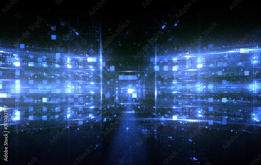 Fototapeta premium 3d illustration. Data storage service. Server room..Modern web network. Internet connection. Hosting..Quantum computer system. Blockchain technology..Grid and lines. Hosting domain. Electronic device.