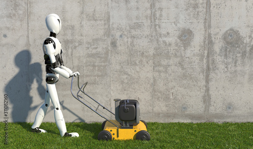 A humanoid robot mows grass with a lawn mower. Future concept with robotics and artificial intelligence. 3D rendering.