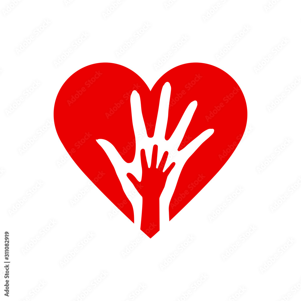Fototapeta premium Two Hands in the Heart Icon as Orphan Children Adoption Metaphor. Great an Illustration or Logo for Child Adoption or Medical or Kids Health Care Charity Agency