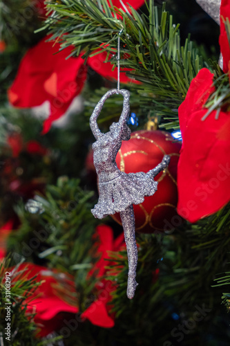 Christmas and new year decorations with lights and Christmas tree in the background. new year concert and background. photo