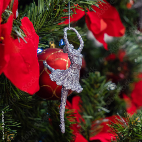 Christmas and new year decorations with lights and Christmas tree in the background. new year concert and background. photo