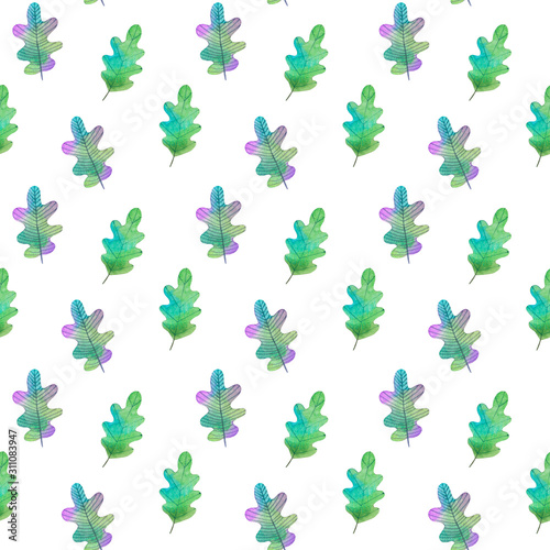 Watercolor oak leaf seamless pattern. Isolated on white background. Green oak leaves. Watercolor Christmas seamless pattern.