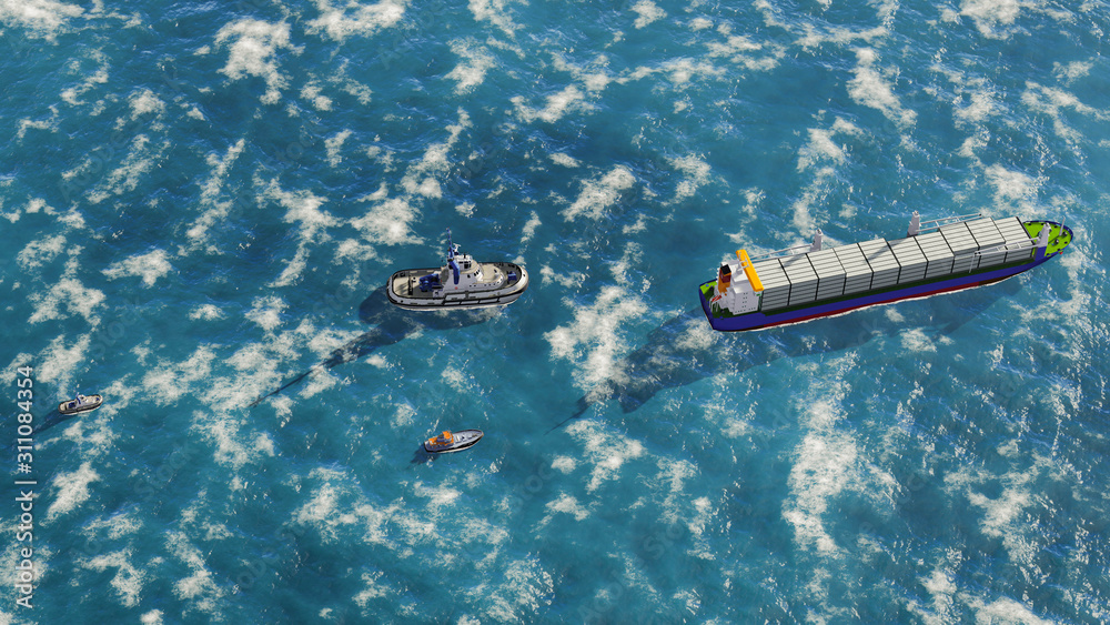 Fototapeta premium Container Cargo Ship in Ocean, Sea Shipping, 3D Rendering