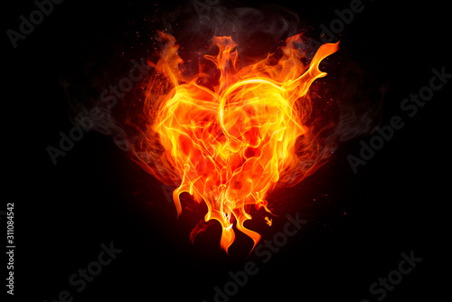Burning heart heart made of fire is on the black background. Happy Valentine s Day
