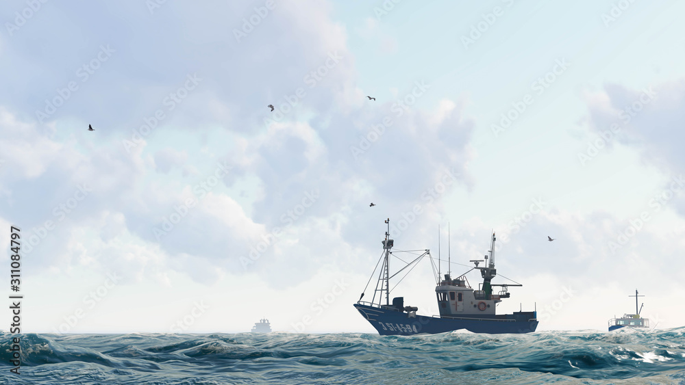 Ship in Ocean, Sea Ship, 3D Rendering