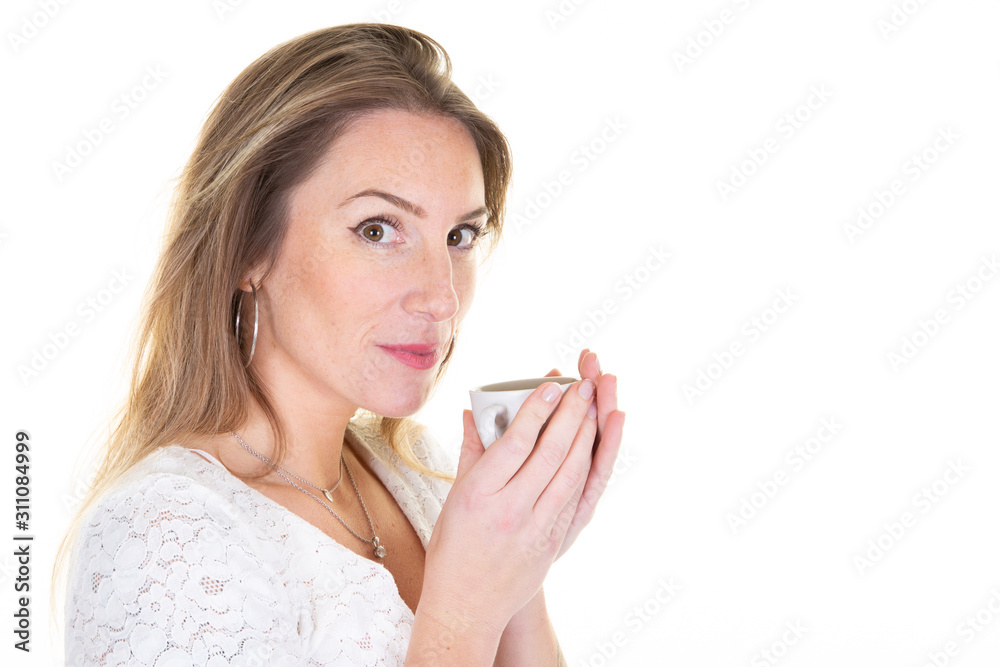 Portrait of a happy young business woman holding cup of coffee isolated over white background Portrait of a happy young business woman holding cup of coffee isolated over white background