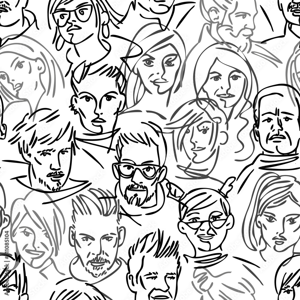 Seamless pattern of a group of people. Many different avatars. Portraits of men and women. Black and white linear people. character design. Seamless pattern of a group of people. Many different avatars. Portraits of men and women. Black and white linear people. character design.