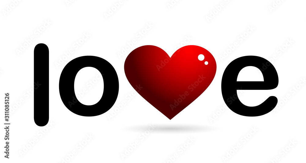 Lettering Love with volumetric red heart on a white background. Sign, symbol, valentines day. cards and banners. Vector illustration Lettering Love with volumetric red heart on a white background. Sign, symbol, valentines day. cards and banners. Vector illustration