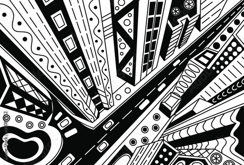 Unusual perspective of the city. Hand drawn vector illustration.