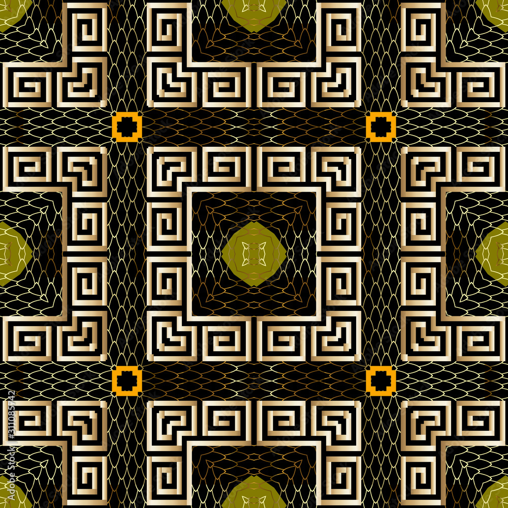 Fototapeta Textured gold 3d greek vector seamless pattern. Greek ornamental golden background. Square greek key meanders frames. Repeat checks backdrop. Luxury squares ornament. Geometric lace grid texture