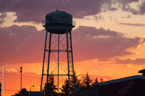 Water tower at the sunset