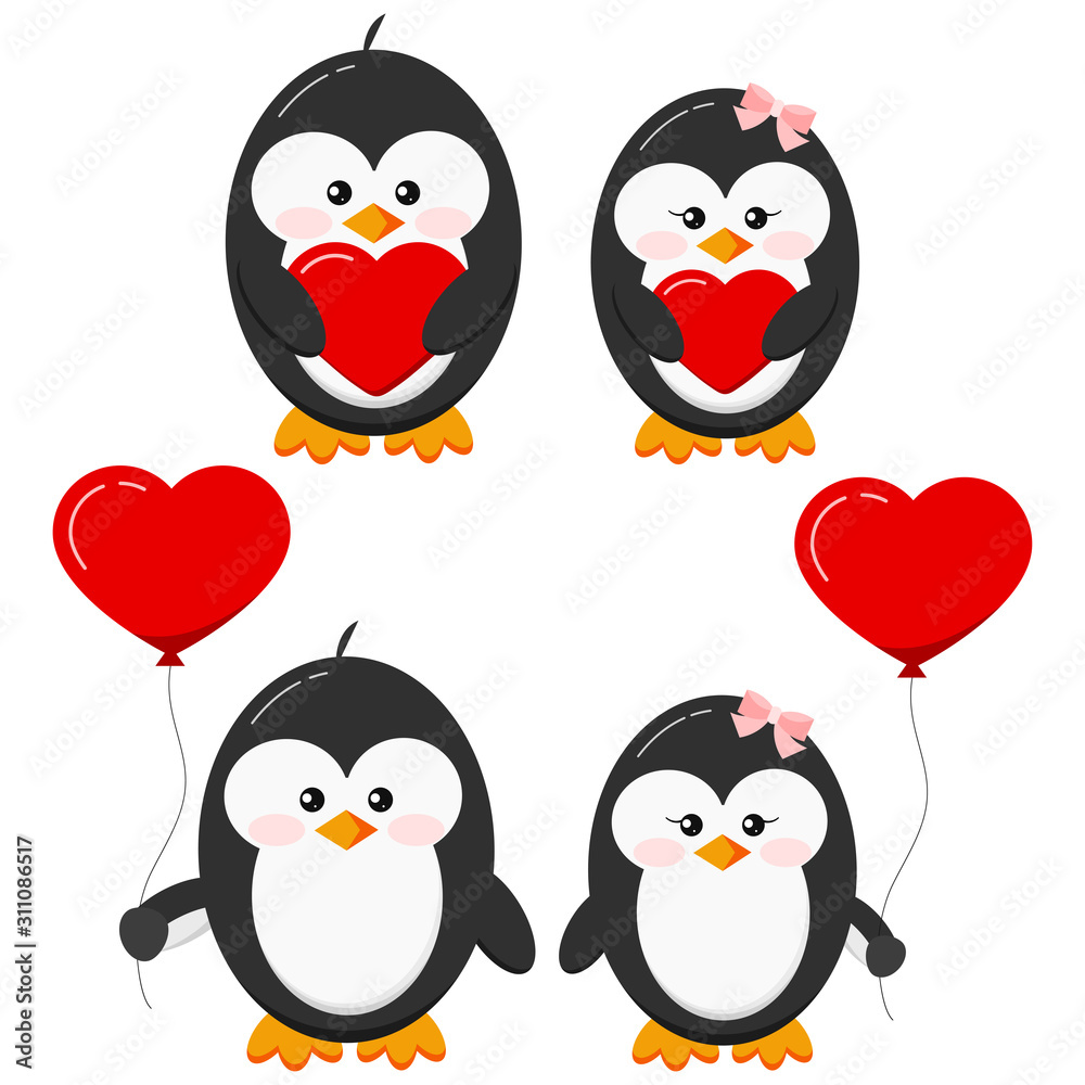 Fototapeta premium Cute lovely penguin stand with red heart and heart shape balloons set isolated on white background.