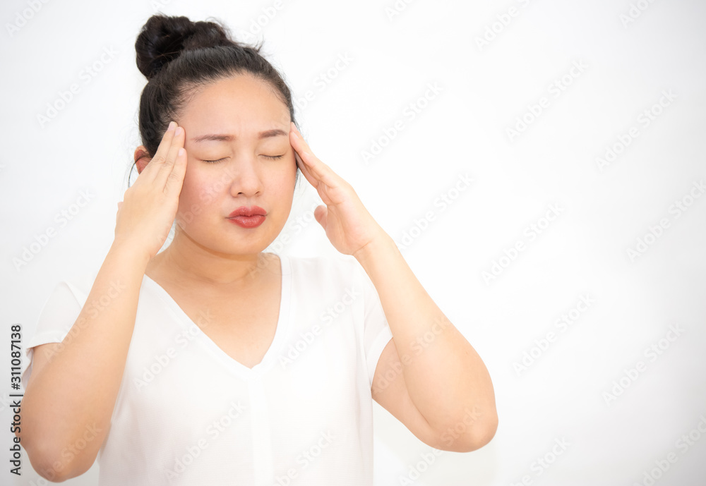 Picture of a girl with severe headache The handle on her head, health problems, stress, medical conditions or rest, a rest in a white background Picture of a girl with severe headache The handle on her head, health problems, stress, medical conditions or rest, a rest in a white background