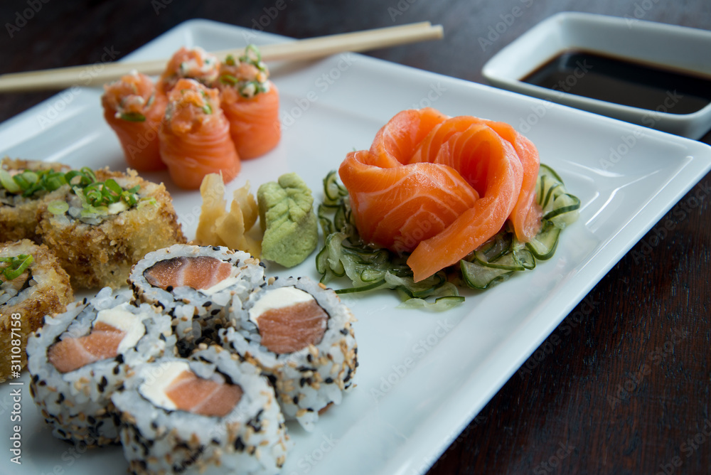 sushi on plate, asian food, japanese cuisine sushi on plate, asian food, japanese cuisine