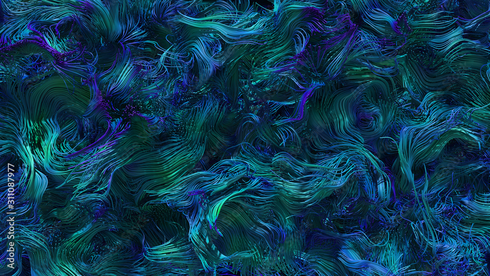 Abstract lines with colors on a black background. 3D Render.