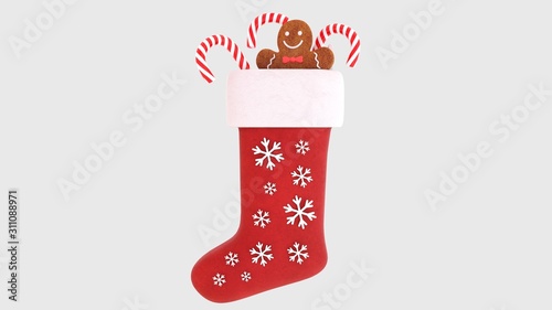 christmas sock isolated on white background, with decorations, 3D-rendering