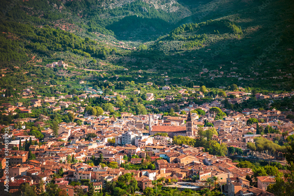 Soller town with church and mointains from above, Mallorca, Spain