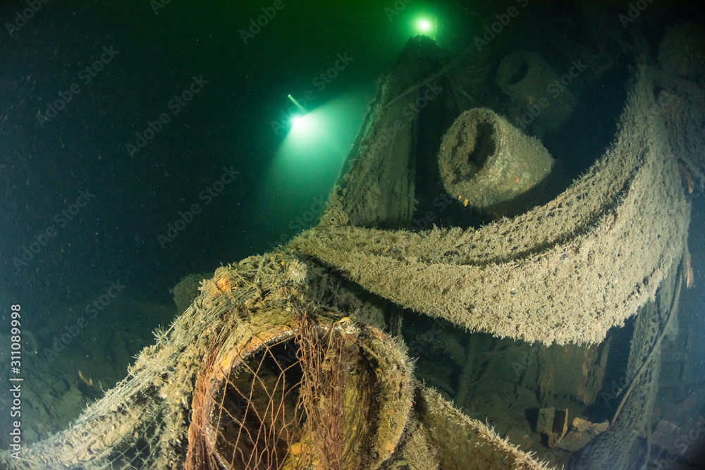 Ghost nets on a wreck in the baltic sea - obrazy, fototapety, plakaty 