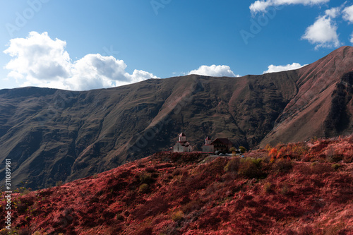 A panoramic view of Mount Kazbegi is a sleeping stratovolcano and one of the main mountains of the Caucasus  located on the border of the Kazbegi region of Georgia. In lush lava color. Design and crea