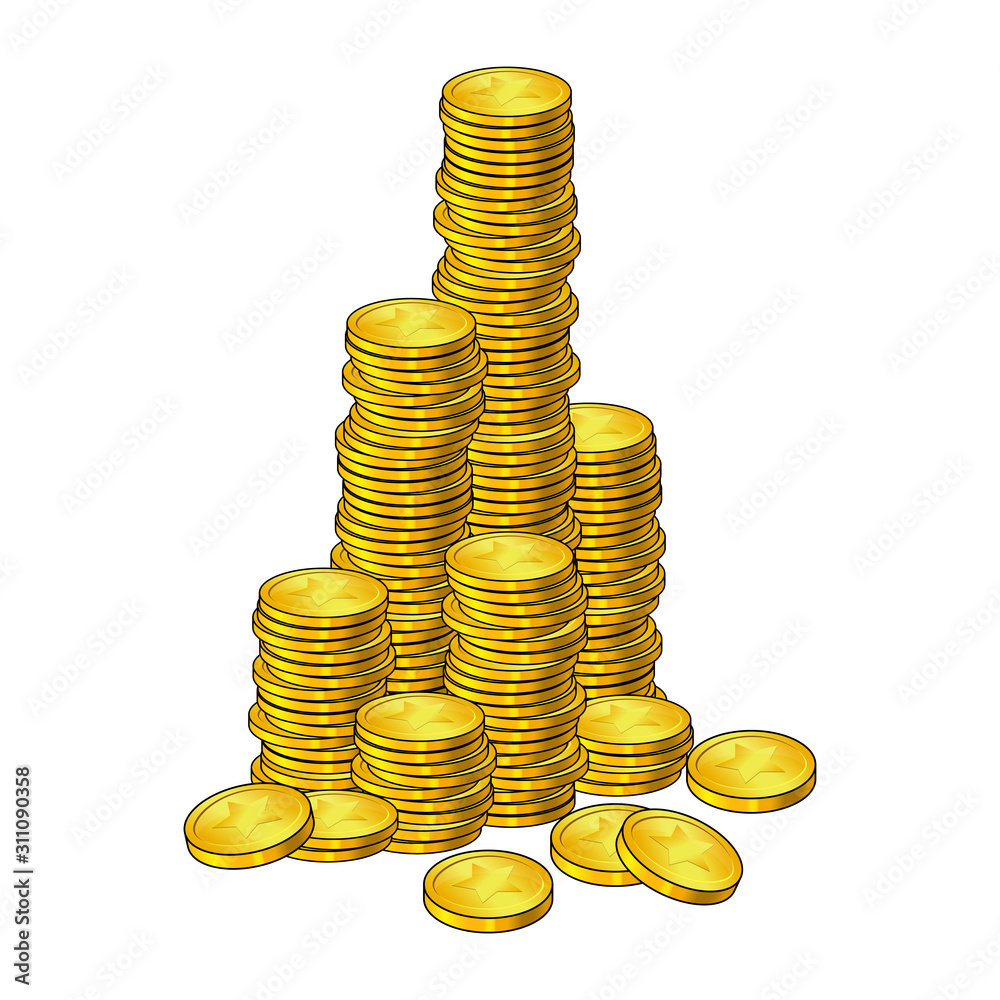 Coins mountain cartoon style. Isolated icon. On white background. pile,stack  of gold money. Big Cash column,tower. Stock Vector | Adobe Stock