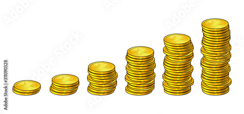 Golden coins columns like Income graph . money stack. Concept of economic growth, business success. Increasing Cash towers isolated on white background.