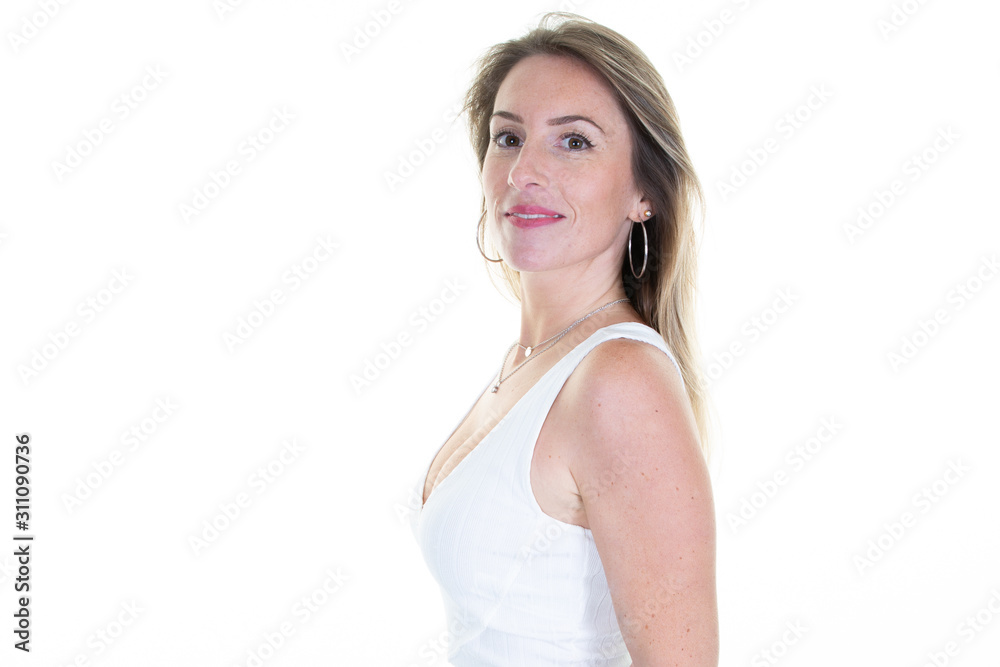 portrait of pretty blonde young happy woman smiling aside copy space on white background portrait of pretty blonde young happy woman smiling aside copy space on white background
