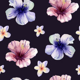 Watercolor hand painted seamless pattern with hibiscus and plumeria flowers on dark violet background