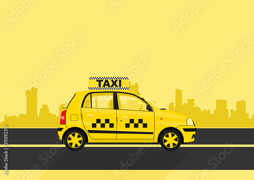 Yellow cab with city in the background. Illustration with the dominance of yellow with space for any text. Flat vector.