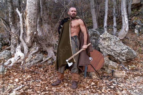 Armed Viking stands against the background of the forest