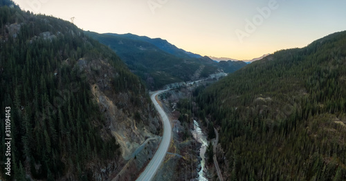 Aerial Panoramic View of the Famous Scenic Drive, Sea to Sky Highway, during a colorful sunrise. Located between Squamish and Whistler, North of Vancouver, British Columbia, Canada.